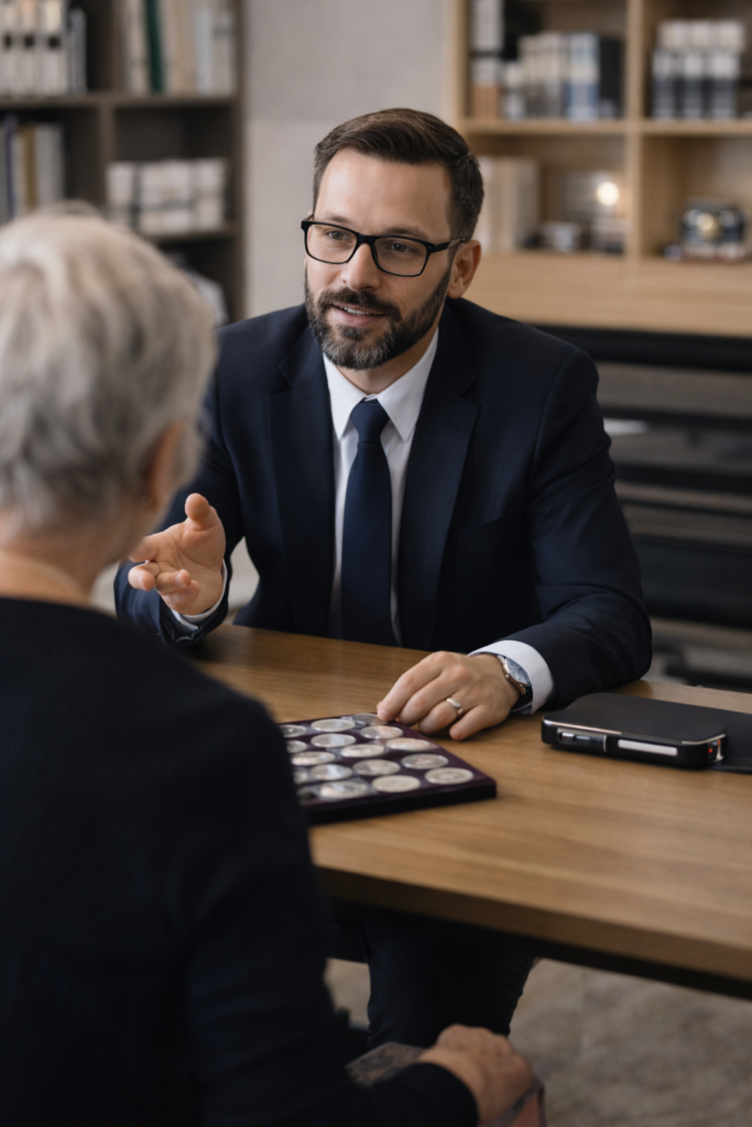 Évaluateur numismate qui répond à des questions